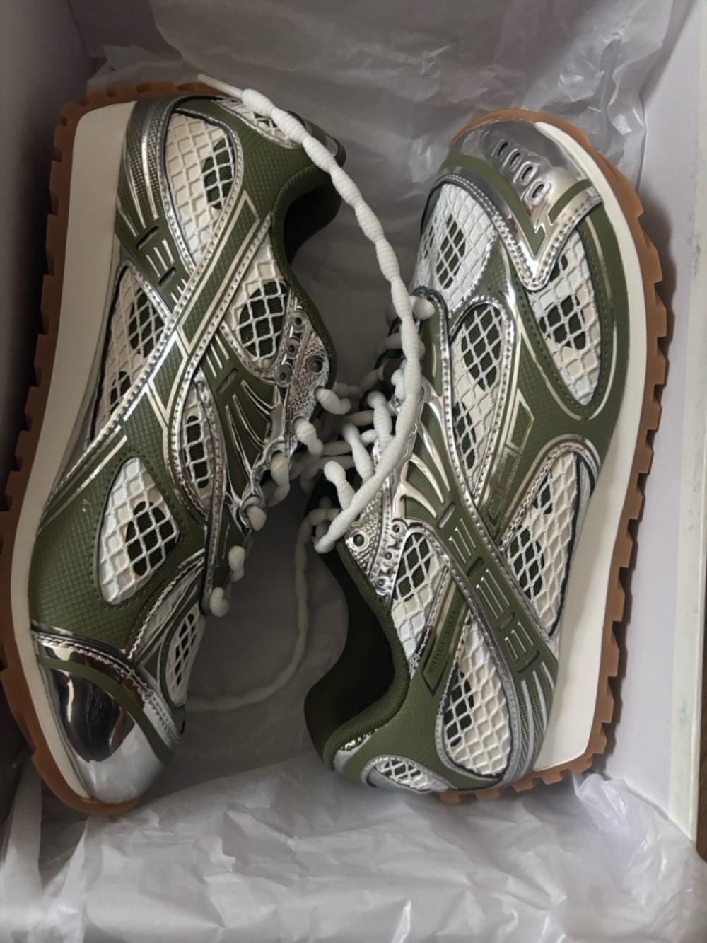 Olive Green Bottega Veneta Metallic Mesh Sneakers Women’s size 8
